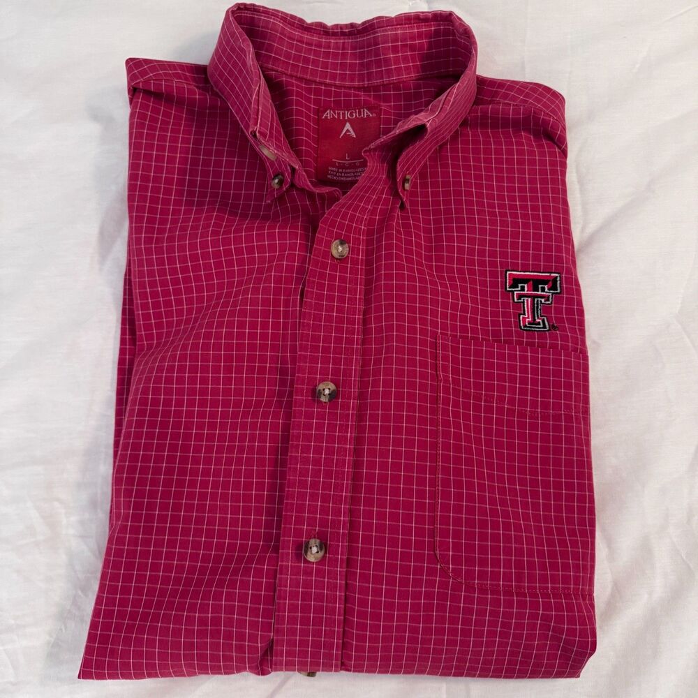 Mens L Antigua Texas Tech University Red White Plaid Long Sleeve Button Down